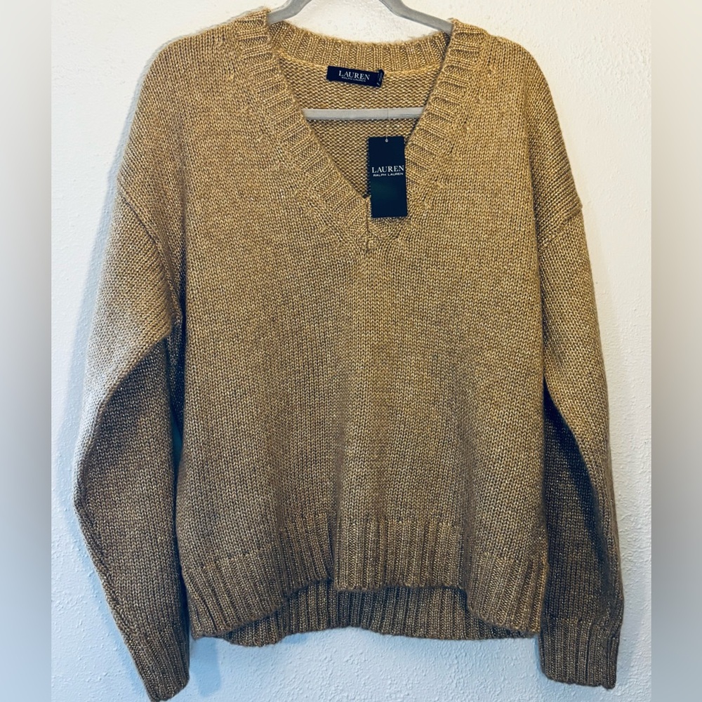 Ralph Lauren Women’s Gold Metallic V Neck Preppy Sweater NWT Size XL - Picture 1 of 6